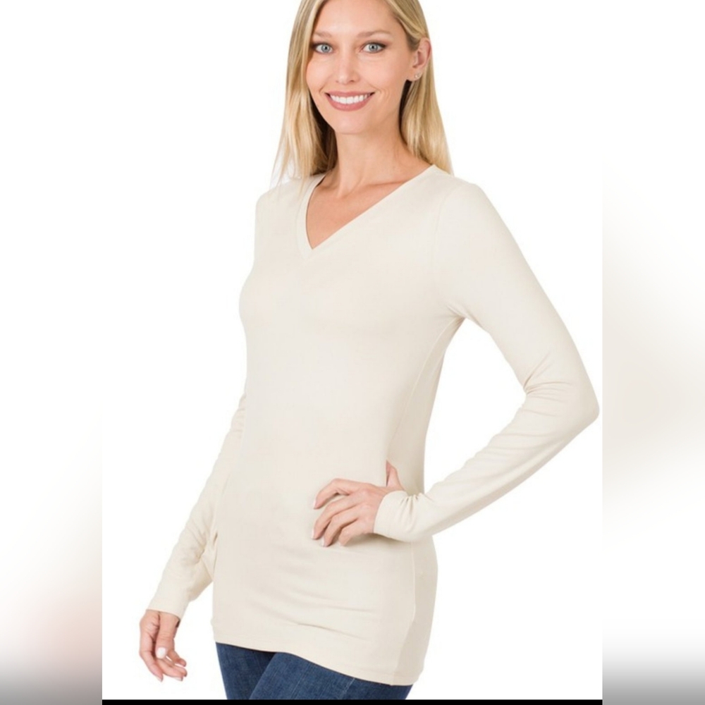 Sand beige  Brushed Microfiber long sleeve vneck top